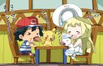  1boy 1girl alolan_vulpix black_hair blonde_hair chibi eating kuriyama lillie_(pokemon) pikachu pokemon pokemon_(anime) pokemon_sm_(anime) satoshi_(pokemon) translation_request 