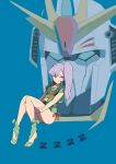  1girl absurdres bangs bare_legs blue_background blunt_bangs gundam gundam_zz highres leotard long_hair mecha mobile_suit oomura_yuusuke purple_hair ribbon roux_louka sandals side_ponytail smile solo vest zeta_gundam_(mobile_suit) 