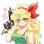  1girl artist_name azu_(kirara310) bare_arms blonde_hair blush_stickers dragon_ball eyebrows_visible_through_hair gloves green_eyes green_tank_top hair_ribbon heart long_hair looking_at_viewer lunch_(dragon_ball) ribbon simple_background smile solo tank_top weapon white_background 