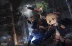  3girls aircraft bangs black_gloves black_legwear blonde_hair brown_eyes brown_hair building city clouds cloudy_sky copyright_name crane cup dated dutch_angle eyewear_on_head firing girls_frontline gloves green_eyes green_hair grimace grizzly_mkv_(girls_frontline) gun hair_between_eyes handgun helicopter highres holding holding_cup holding_gun holding_weapon holster jacket jacket_on_shoulders jakoujika lamppost lens_flare light_particles long_sleeves m950a_(girls_frontline) multiple_girls night one_knee outdoors pointing rain road searchlight shorts sky standing street sunglasses teacup thigh-highs twintails weapon welrod_mk2_(girls_frontline) wet_ground wet_pavement yellow_eyes 