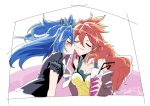  2girls akiot amou_kanade bare_shoulders blue_hair blush cheek_kiss closed_eyes dated drinking_straw hair_between_eyes kazanari_tsubasa kiss multiple_girls necktie off_shoulder profile redhead senki_zesshou_symphogear short_sleeves side_ponytail white_neckwear yuri 