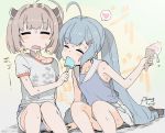  2girls ahoge bangs blue_hair blush blush_stickers brown_hair closed_eyes collarbone cowboy_shot denim denim_shorts eating feeding food hair_ornament hair_ribbon hairclip headgear heart ice_cream ice_cream_cone long_hair multiple_girls otomachi_una pleated_skirt popsicle ribbon rkrk sailor_collar short_hair shorts single_scoop skirt sleeveless spoken_heart sweat talkex touhoku_kiritan very_long_hair voiceroid waffle_cone white_skirt 