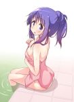  1girl :d ass bangs bath blush breasts cleavage commentary eyebrows_visible_through_hair from_above hinata_yukari legs_together long_hair looking_at_viewer medium_breasts mel_(melty_pot) naked_towel open_mouth pink_towel ponytail purple_hair sidelocks sitting smile soaking_feet solo tile_floor tiles towel violet_eyes water wet wet_hair white_background yuyushiki 