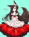  1girl absurdres animal_ears aqua_background bare_shoulders breasts brooch brown_hair cleavage commentary_request dress egret expressionless hair_over_one_eye highres imaizumi_kagerou jewelry layered_dress long_hair looking_at_viewer medium_breasts off_shoulder red_eyes simple_background solo tail touhou twitter_username wolf_ears wolf_tail 