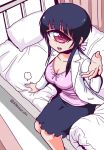  1girl :d bangs bed bed_frame black_hair black_skirt blush breasts cleavage commentary_request curtains cyclops feet_out_of_frame from_above hitomi_sensei_no_hokenshitsu hospital_bed infirmary labcoat long_hair long_sleeves looking_at_viewer looking_up manaka_hitomi medium_breasts on_bed one-eyed open_mouth outstretched_arm pillow pink_eyes pink_shirt ponytail shake-o shirt sitting skirt smile solo twitter_username white_coat 