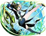  1girl :d aqua_eyes armpits asymmetrical_legwear black_shorts blonde_hair blue_gloves clenched_hand divine_gate double_bun elbow_gloves fingerless_gloves full_body gloves green_hair highres long_hair looking_at_viewer multicolored_hair open_mouth outstretched_arm shadow short_shorts short_sleeves shorts simple_background smile solo thigh-highs two-tone_hair ucmm very_long_hair white_background 