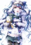  1girl absurdres black_legwear blue_eyes blue_hair blush eyebrows gloves goggles goggles_on_head hatsune_miku highres long_hair long_sleeves looking_at_viewer open_mouth pantyhose raymond_busujima smile snow solo twintails vocaloid white_gloves yuki_miku yukine_(vocaloid) 