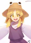 1girl :d bangs blonde_hair blouse brown_hat dated eyebrows_visible_through_hair hair_tie hat j.k. long_hair long_sleeves looking_at_viewer moriya_suwako open_mouth outstretched_arms purple_skirt purple_vest simple_background skirt smile solo spread_arms teeth touhou twitter_username upper_body vest white_background white_blouse yellow_eyes 