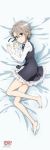  1girl absurdres ange_(princess_principal) barefoot bed_sheet black_dress black_ribbon blue_eyes brown_hair copyright_name dakimakura dress feet frilled_dress frills from_above full_body glasses hair_between_eyes hair_ribbon highres looking_at_viewer lying neck_ribbon official_art on_side pinafore_dress princess_principal ribbon shirt short_hair smile solo white_shirt 