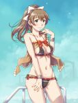  1girl belt blush bow breasts brown_bikini brown_hair cleavage collarbone day gluteal_fold green_eyes hair_between_eyes hair_bow hand_on_leg hand_to_own_mouth kantai_collection kumano_(kantai_collection) long_hair looking_at_viewer medium_breasts navel outdoors ponytail railing red_bow same skindentation sky smile solo standing swimsuit upper_body wristband 