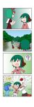  !!? 4girls 4koma ? ^_^ absurdres animal_ears blouse blue_hair blue_skirt blue_sky blue_vest closed_eyes comic cowboy_shot day detached_sleeves dress emphasis_lines eyebrows_visible_through_hair flat_cap flying_sweatdrops geta grabbing grabbing_from_behind green_hair hair_bobbles hair_ornament hair_ribbon hat highres inubashiri_momiji kagiyama_hina kasodani_kyouko kawashiro_nitori long_sleeves mountain multiple_girls o_o open_mouth outdoors outstretched_arms pink_blouse pleated_skirt rakugaki-biyori red_dress ribbon rock short_hair silent_comic skirt sky smile solid_oval_eyes spoken_question_mark spread_arms stream tengu-geta tokin_hat touhou tree two_side_up vest walking_away waving white_hair white_skirt wolf_ears 