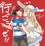  1boy 1girl black_hair blonde_hair brown_eyes green_eyes japanese_text kuriyama lillie_(pokemon) locked_arms pokemon pokemon_(anime) pokemon_(game) pokemon_sm pokemon_sm_(anime) satoshi_(pokemon) translation_request 