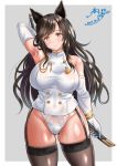  1girl animal_ears arm_up armpits atago_(azur_lane) azur_lane bangs bare_shoulders black_hair blush breasts brown_eyes brown_legwear closed_mouth collarbone commentary_request cowboy_shot dated double-breasted elbow_gloves eyebrows_visible_through_hair floral_print gloves gluteal_fold grey_background highleg highleg_panties highres holding holding_sword holding_weapon jacket kasugano_tobari large_breasts long_hair looking_at_viewer medal military military_uniform mole mole_under_eye no_pants outside_border panties print_panties scabbard sheath sheathed shiny shiny_clothes shiny_hair shiny_skin signature simple_background skindentation sleeveless sleeveless_jacket smile solo standing swept_bangs sword taut_clothes thick_thighs thigh-highs thighs underwear uniform weapon white_border white_gloves white_jacket white_panties 