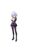  1girl bangs boots breasts epaulettes eyebrows_visible_through_hair full_body glasses gloves hand_on_own_chest highres light_blue_hair long_hair official_art pantyhose pleated_skirt short_hair skirt small_breasts solo sora_no_kanata_no_dystopia_x_shitei standing transparent_background very_long_hair white_gloves yellow_eyes 