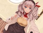 1girl alternate_costume beret black_skirt blue_eyes breasts hat jacket kantai_collection kashima_(kantai_collection) kerchief large_breasts long_hair long_sleeves narushima_kanna silver_hair skirt smile solo tongue tongue_out twitter_username two_side_up white_jacket 