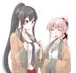  2girls adjusting_clothes anchor_symbol bangs black_hair black_ribbon blush buttons closed_eyes collarbone commentary dotera_(clothes) eyebrows_visible_through_hair green_sailor_collar hair_between_eyes hair_ornament hair_ribbon hair_scrunchie highres kantai_collection kodera_ju long_hair midriff multiple_girls navel necktie no_gloves open_mouth pink_hair ponytail red_eyes red_scrunchie red_skirt ribbon school_uniform scrunchie serafuku sidelocks simple_background skirt smile swept_bangs upper_body very_long_hair white_background yahagi_(kantai_collection) yura_(kantai_collection) 