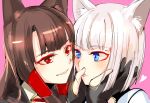  2girls akagi_(azur_lane) animal_ears azur_lane black_gloves blue_eyes brown_hair commentary_request eye_contact eyebrows_visible_through_hair facial_mark fox_ears gloves hair_tubes hands_on_another&#039;s_cheeks hands_on_another&#039;s_face heart highres kaga_(azur_lane) lipstick long_hair looking_at_another makeup multiple_girls parted_lips partly_fingerless_gloves pink_background red_eyes short_hair simple_background smile upper_body white_hair 