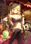  1girl bare_shoulders blonde_hair blush breasts cleavage commentary_request hair_ribbon large_breasts long_hair navel original parted_lips red_eyes sitting thigh-highs twintails xi_zhujia_de_rbq 