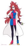  1girl android_21 artist_name black_legwear blue_eyes controller dragon_ball dragon_ball_fighterz dress earrings expressionless full_body glasses hand_on_hip high_heels highres jewelry labcoat long_hair long_sleeves looking_at_viewer miiko_(drops7) multicolored multicolored_boots multicolored_clothes multicolored_dress open_mouth pantyhose redhead signature solo standing turtleneck_dress twitter_username very_long_hair 