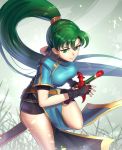  1girl breasts dress fingerless_gloves fire_emblem fire_emblem:_rekka_no_ken fire_emblem_musou gloves gonzarez green_eyes green_hair high_ponytail jewelry long_hair looking_at_viewer lyndis_(fire_emblem) ponytail solo sword very_long_hair weapon 