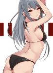  1girl arms_up ass asyde bangs bikini black_bikini blush breasts brown_eyes closed_mouth eyebrows_visible_through_hair from_behind grey_hair hair_between_eyes half-closed_eyes halter_top halterneck highres idolmaster idolmaster_cinderella_girls long_hair looking_at_viewer looking_back medium_breasts sideboob smile solo swimsuit takamine_noa 