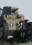  1girl bangs bike_shorts boots bottle brown_eyes brown_hair cannon caterpillar_tracks commentary_request day emblem girls_und_panzer ground_vehicle highres holding holding_bottle isobe_noriko looking_at_viewer military military_vehicle motor_vehicle nito_(nshtntr) ooarai_(emblem) ooarai_military_uniform outdoors shirt short_hair short_sleeves sky socks solo star tank type_89_i-gou 