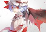  1girl bat_wings blue_hair closed_mouth hat hat_ribbon ika_syuri looking_at_viewer mob_cap pale_skin puffy_short_sleeves puffy_sleeves red_eyes red_ribbon remilia_scarlet ribbon short_hair short_sleeves smile solo touhou upper_body white_background wing_collar wings 