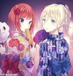  2girls alternate_costume ark_royal_(kantai_collection) bangs blue_bow blue_eyes blue_kimono blunt_bangs blush bow closed_mouth corn dated fan floral_print flower food from_behind hair_between_eyes hair_flower hair_ornament holding holding_food japanese_clothes kabocha_torute kantai_collection kimono lips looking_back miss_cloud mole mole_under_eye multiple_girls paper_fan pink_kimono red_bow redhead richelieu_(kantai_collection) sash short_ponytail smile twitter_username uchiwa upper_body yukata 