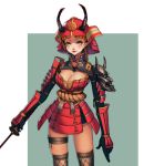  1girl armor black_gloves breasts cleavage corset gloves green_eyes helmet highres holding holding_sword holding_weapon japanese_armor katana long_hair mask medium_breasts nako_(ayasakinako) no_bra open_mouth orange_hair pointy_ears red_lips samurai shoulder_armor smile solo sword thigh-highs thigh_strap weapon yellow_eyes 