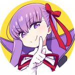  &gt;:) 1girl bangs bb_(fate/extra_ccc) chan_co closed_mouth commentary dress eyebrows_visible_through_hair fate/extra fate/extra_ccc fate_(series) gloves hair_ribbon head_tilt high_collar index_finger_raised looking_at_viewer lowres purple_hair red_ribbon ribbon smile solo violet_eyes white_gloves yellow_background 