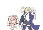  1boy 2girls ahoge black_bow black_legwear blonde_hair bow casual clenched_hands cowering fate/apocrypha fate/grand_order fate_(series) grey_hair hair_bow jeanne_alter kenuu_(kenny) long_hair multiple_girls necktie no_eyes open_mouth pink_hair restrained rider_of_black ruler_(fate/apocrypha) shirt short_sleeves shorts sleeveless sleeveless_shirt sweat thigh-highs trap white_background white_shirt 