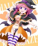  1girl bat_wings breasts bubble_skirt capelet fang fingerless_gloves gloves gluteal_fold halloween hat ichimi japanese_clothes kamikaze_(kantai_collection) kantai_collection long_hair looking_at_viewer no_bra open_mouth pink_hair skirt smile solo striped striped_legwear thigh-highs two-tone_panties under_boob violet_eyes wings witch_hat 