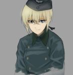  1girl aqua_eyes arms_at_sides bangs black_hat black_ribbon blonde_hair breasts buttons closed_mouth coat eyebrows facing_viewer garrison_cap grey_background grey_coat hair_between_eyes hair_ribbon hanna_rudel hat long_hair long_sleeves looking_at_viewer low_ponytail military military_uniform nose_scar ribbon scar shiratama_(hockey) sidelocks simple_background small_breasts smile solo straight_hair tsurime uniform upper_body world_witches_series 