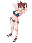  1girl amano_megumi amano_megumi_wa_suki_darake! arms_up bikini blue_eyes blush breasts bright_pupils brown_hair full_body headband high_ponytail large_breasts long_hair looking_at_viewer navel nekoguchi official_art ponytail shoes side-tie_bikini simple_background smile sneakers solo striped striped_bikini swimsuit white_background 