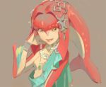  1girl blush fins fish_girl hair_ornament jewelry kawano_tatsurou long_hair looking_at_viewer mipha monster_girl multicolored multicolored_skin no_eyebrows red_skin redhead simple_background smile solo the_legend_of_zelda the_legend_of_zelda:_breath_of_the_wild yellow_eyes zora 