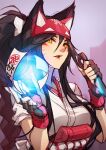  1girl :o ahri_(league_of_legends) animal_ears ball bangs black_hair breasts cosplay facial_mark fox_ears fox_tail grey_background hair_between_eyes hands_up holding holding_weapon kiriko_(overwatch) kiriko_(overwatch)_(cosplay) kunai large_breasts league_of_legends long_hair magic open_mouth overwatch ponytail short_sleeves solo tail upper_body vmat weapon whisker_markings 
