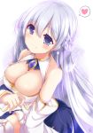  1girl azur_lane bare_shoulders blush braid breasts cleavage commentary_request detached_sleeves eyebrows_visible_through_hair hair_between_eyes heart highres large_breasts long_hair looking_at_viewer nanaume_(shichimi_tougarashi) rodney_(azur_lane) silver_hair smile solo spoken_heart violet_eyes 