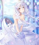  1girl azur_lane bangs bare_shoulders blue_eyes bouquet breasts cleavage collarbone dalimao dress elbow_gloves flower gloves hair_flower hair_ornament highres holding holding_bouquet illustrious_(azur_lane) lace lace-trimmed_dress large_breasts long_hair looking_at_viewer low_twintails rose smile solo strapless strapless_dress tiara twintails v_arms wedding_dress white_dress white_hair white_rose wind 