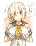  1girl blue_eyes breasts eyes_visible_through_hair gloves hair_ornament hair_over_one_eye hairclip hamakaze_(kantai_collection) kantai_collection large_breasts looking_at_viewer mika_(1020mk) neckerchief school_uniform serafuku short_hair short_sleeves silver_hair solo sweatdrop thought_bubble translation_request white_gloves 