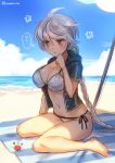  alternate_costume asymmetrical_hair bare_legs barefoot beach blue_sky braid breasts brown_eyes cleavage clouds day kantai_collection large_breasts long_hair looking_down mika_(1020mk) navel outdoors silver_hair single_braid sitting sky swimsuit unryuu_(kantai_collection) very_long_hair water wavy_hair 