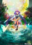  1girl ahoge butterfly copyright_name fan force_of_will fur_trim hair_ornament japanese_clothes kimono leaf low_twintails moon official_art purple_hair sandals socks solo sparkle tree twintails water yellow_eyes 