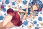  1girl bangle belly_peek blue_hair blue_rose blush bracelet closed_mouth company_name copyright_name english eyebrows_visible_through_hair flower hair_between_eyes hair_flower hair_ornament hands_on_own_chest head_tilt jewelry looking_at_viewer lying matsusatoru_kouji nakanobe_mayumi official_art on_back petals pleated_skirt red_rose red_skirt rose sailor_collar shirt shizuku_no_oto short_hair skirt sleeveless sleeveless_shirt smile solo yellow_eyes 