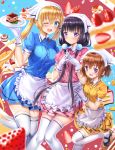  3girls :d :o ;d apron bangs black_footwear blend_s blonde_hair blue_eyes blue_shirt blue_skirt blunt_bangs blurry_foreground blush brown_hair cake collared_shirt commentary_request eyebrows_visible_through_hair food frilled_apron frills fruit gloves hair_between_eyes hand_on_another&#039;s_hip head_scarf highres hinata_kaho holding holding_plate hoshikawa_mafuyu interlocked_fingers long_hair looking_away looking_to_the_side low_twintails mary_janes multiple_girls one_eye_closed open_mouth parted_lips pink_shirt pink_skirt plate pleated_skirt pom_pom_(clothes) puffy_short_sleeves puffy_sleeves purple_hair sakuranomiya_maika shirt shoes short_hair short_sleeves skirt slice_of_cake smile standing standing_on_one_leg strawberry strawberry_shortcake swordsouls tareme thigh-highs twintails uniform very_long_hair violet_eyes wafer_stick waist_apron waitress white_apron white_gloves white_legwear yellow_shirt yellow_skirt 