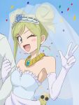  1girl ;d bare_shoulders blue_background blue_eyes blush_stickers bridal_veil bustier dress elbow_gloves gloves green_hair haruyama_kazunori heybot! jewelry looking_at_viewer necklace one_eye_closed open_mouth princess_vitae short_hair smile solo_focus v veil wedding_dress white_gloves 