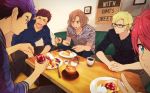  5boys a3! blonde_hair blue_eyes blue_hair brown_hair closed_eyes coffee coffee_cup food fork fruit furuichi_sakyo glasses hyodou_juuza knife male_focus multiple_boys nanao_taichi pancake photo pink_hair saucer settsu_banri sitting table temk ushimi_omi v 