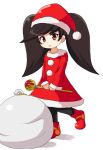  1girl :o ashley_(warioware) bangs big_hair black_hair black_legwear blush_stickers christmas commentary_request dress eyebrows_visible_through_hair flat_chest full_body fur-trimmed_dress hat highres holding holding_staff korutana long_hair long_sleeves looking_at_viewer open_mouth pantyhose red_dress red_eyes red_footwear sack santa_costume santa_hat simple_background solo staff standing standing_on_one_leg swept_bangs twintails warioware white_background 
