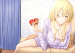  1girl ;) arm_support blonde_hair bra_strap breasts cleavage couch curtains dress heart-shaped_box highres indoors jewelry large_breasts long_hair long_sleeves looking_at_viewer miura_yumiko necklace nentsuchi one_eye_closed purple_sweater sitting smile solo striped striped_sweater sweater sweater_dress valentine yahari_ore_no_seishun_lovecome_wa_machigatteiru. yellow_eyes 