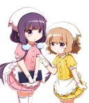  2girls :o apron bangs black_ribbon blend_s blunt_bangs blush brown_hair collared_shirt commentary_request cowboy_shot eyebrows_visible_through_hair frilled_apron frills gloves goth_risuto hair_between_eyes hair_ribbon head_scarf holding holding_menu hoshikawa_mafuyu long_hair looking_at_viewer menu multiple_girls parted_lips pink_shirt pink_skirt pleated_skirt pom_pom_(clothes) puffy_short_sleeves puffy_sleeves purple_hair ribbon sakuranomiya_maika shirt short_hair short_sleeves simple_background skirt standing tareme thigh-highs uniform v v_arms very_long_hair violet_eyes waist_apron waitress white_apron white_background white_gloves white_legwear yellow_shirt yellow_skirt 