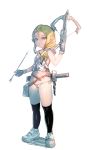  1girl armor arrow bag bare_shoulders black_legwear blonde_hair blue_eyes bow_(bhp) bow_(weapon) breastplate crossbow full_body gloves holding_arrow kneehighs long_hair looking_at_viewer low_ponytail navel original panties parted_lips pointy_ears ponytail quiver sheath sheathed shoes simple_background solo standing sword underwear weapon white_background white_panties 
