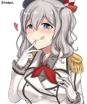  1girl absurdres beret blue_eyes epaulettes gloves grey_shirt hat heart heart-shaped_pupils highres jacket kantai_collection kashima_(kantai_collection) kerchief kiritto long_sleeves red_neckwear shirt short_hair silver_hair simple_background smile solo symbol-shaped_pupils tongue tongue_out twitter_username two_side_up white_background white_gloves white_jacket 